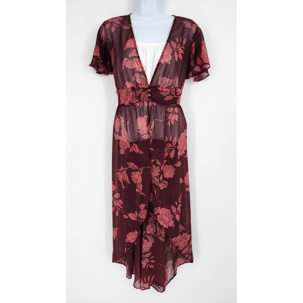 Burgundy Earthy Floral Romantic Womens Kimono Duster Size L Ethereal Whimsigoth